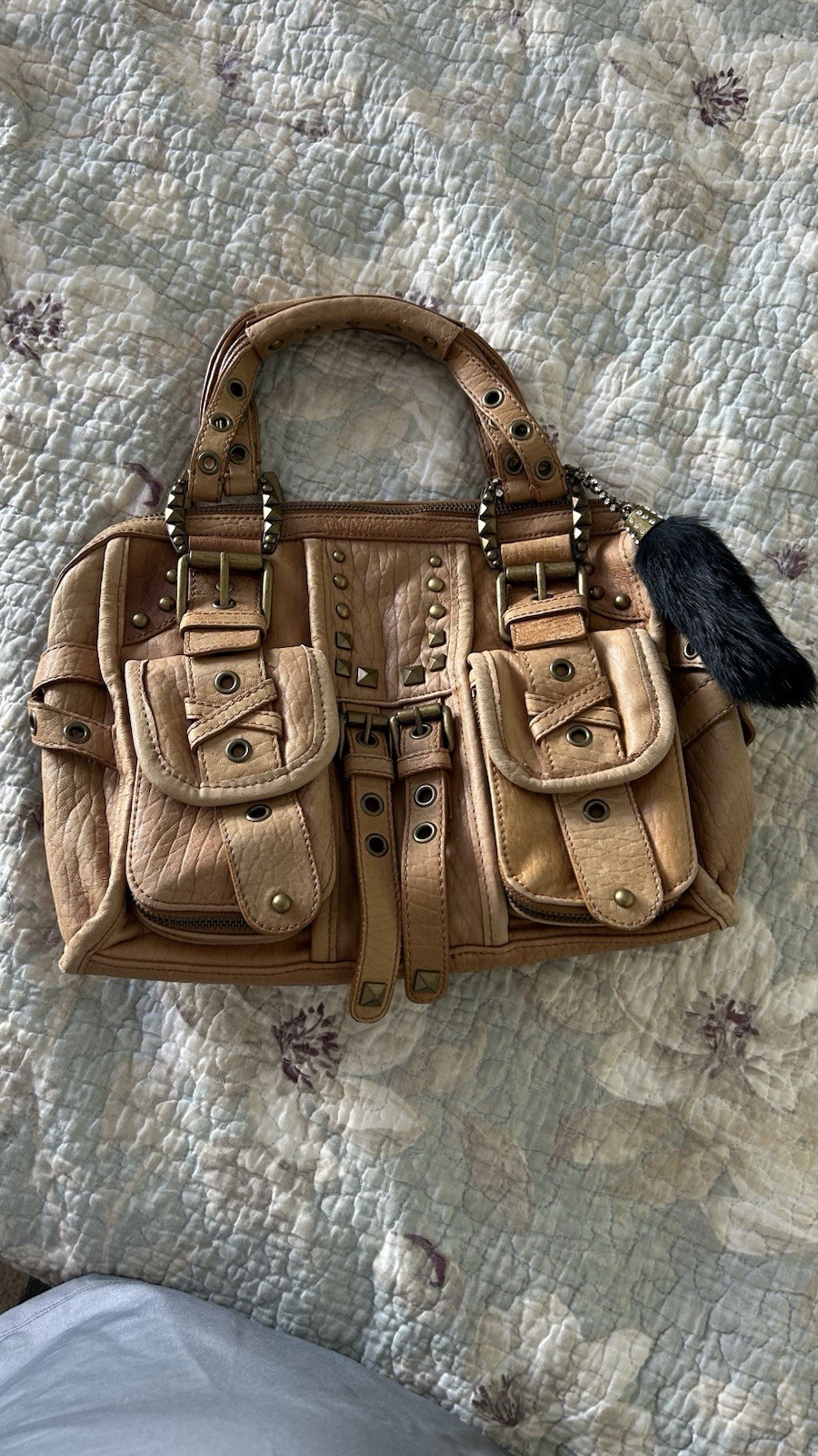 Betsey Johnson RARE Tan Leather Studded Buckle Bag Leopard Interior Vtg Purse