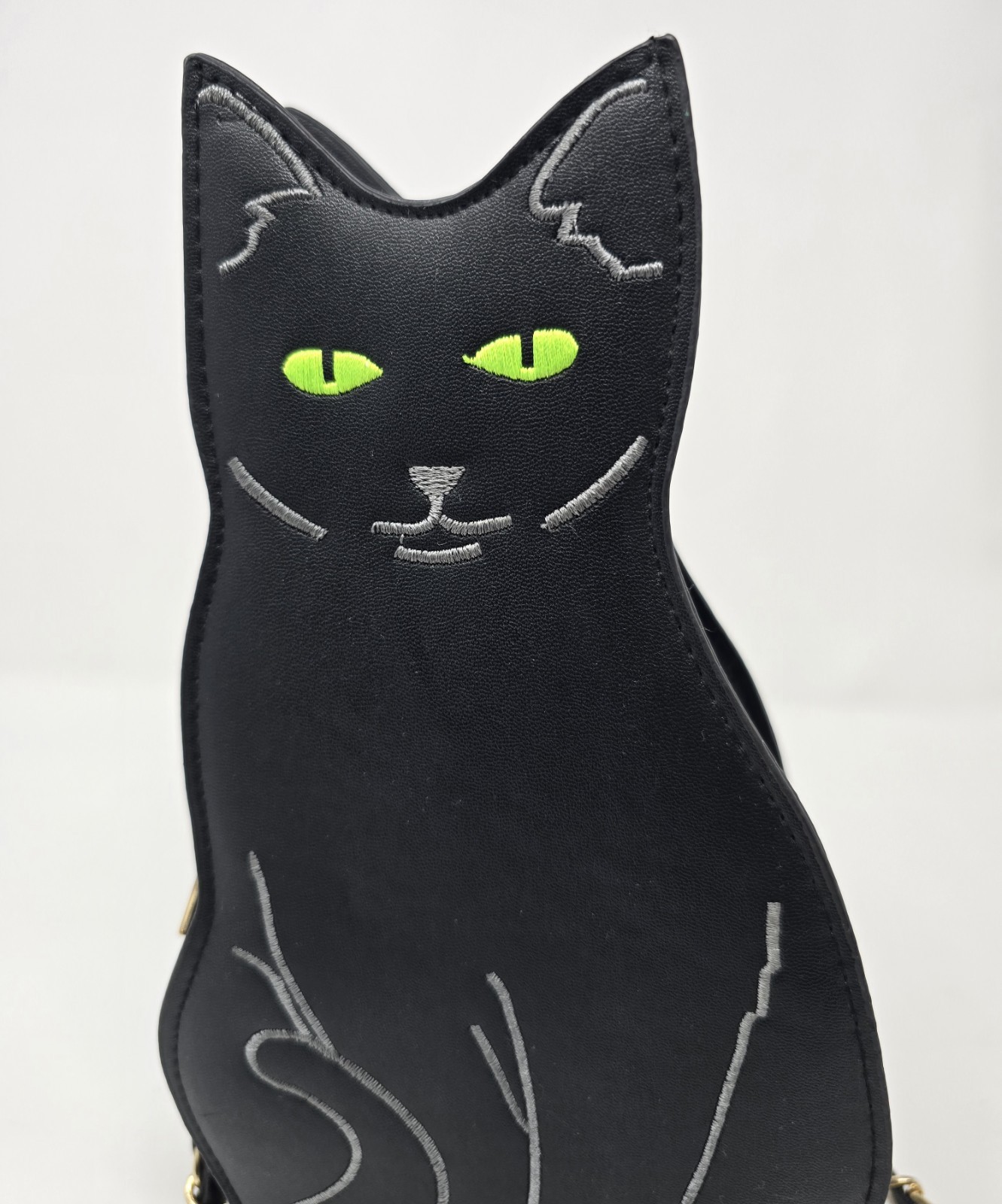 Black Kitty Cat w/ Green Eyes Crossbody Purse Gold Chain Strap Cute Halloween