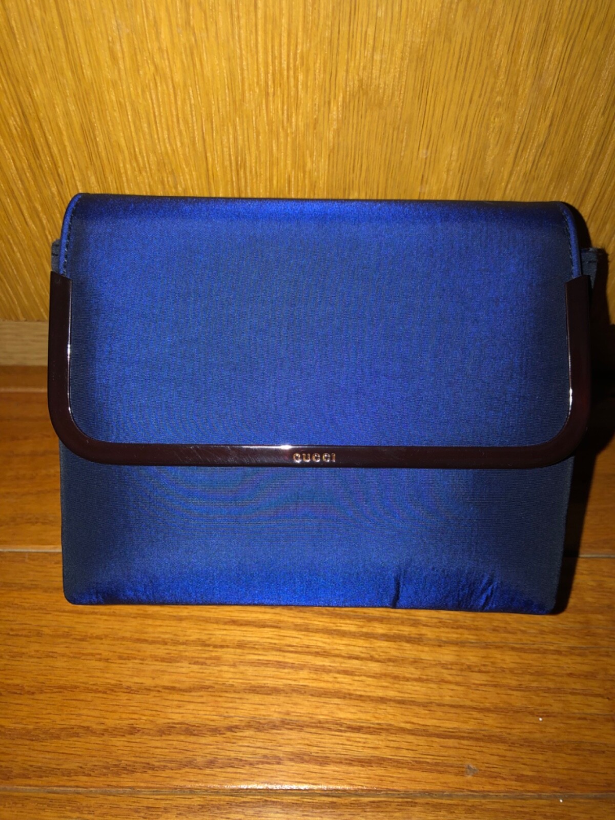 Vintage GUCCI navy blue cobalt box iridescent silk taffeta clutch pouch cosmetic