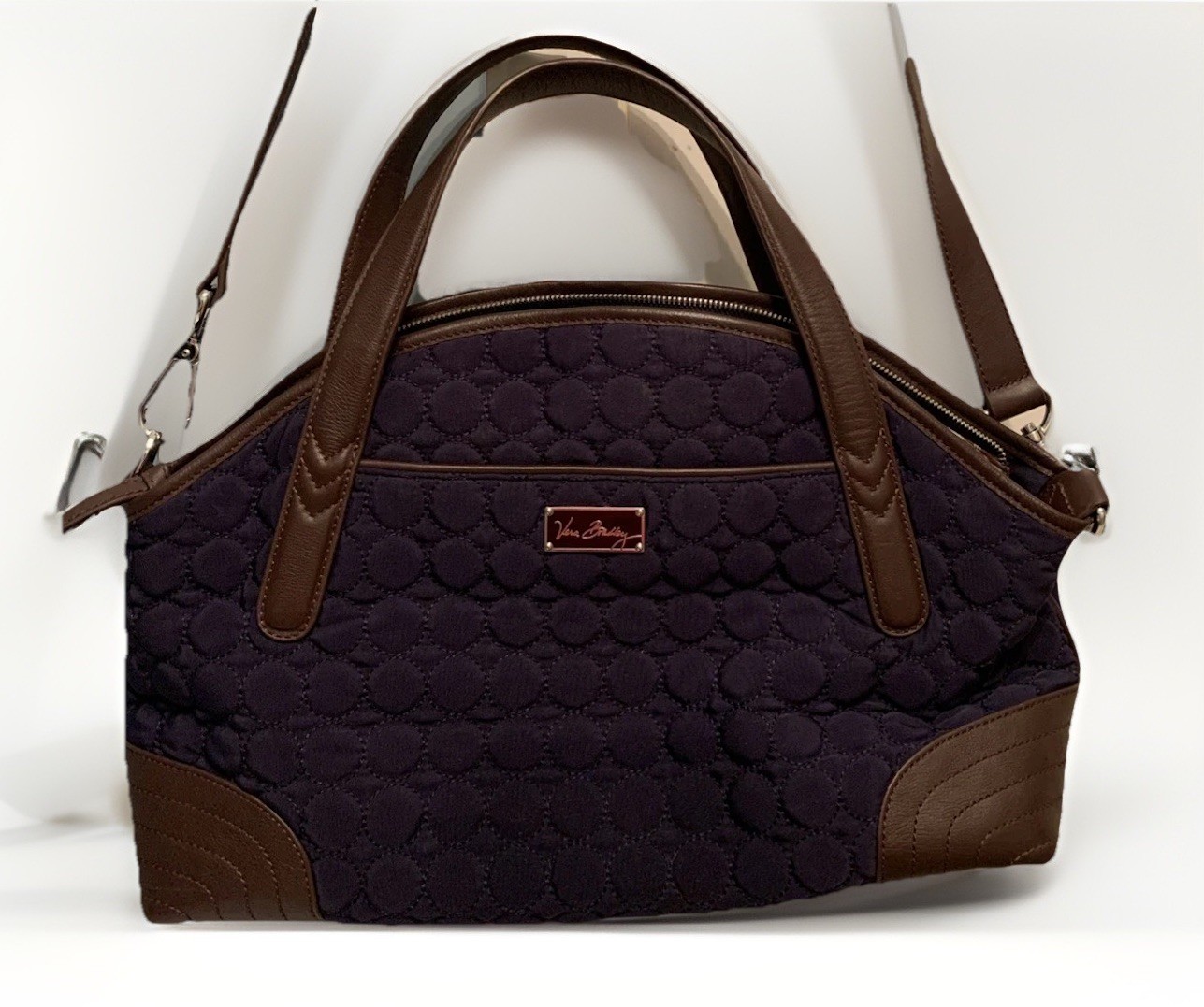 VERA BRADLEY Navy Quilted with Brown Leather Trim CrossbodyCarryOn Bag