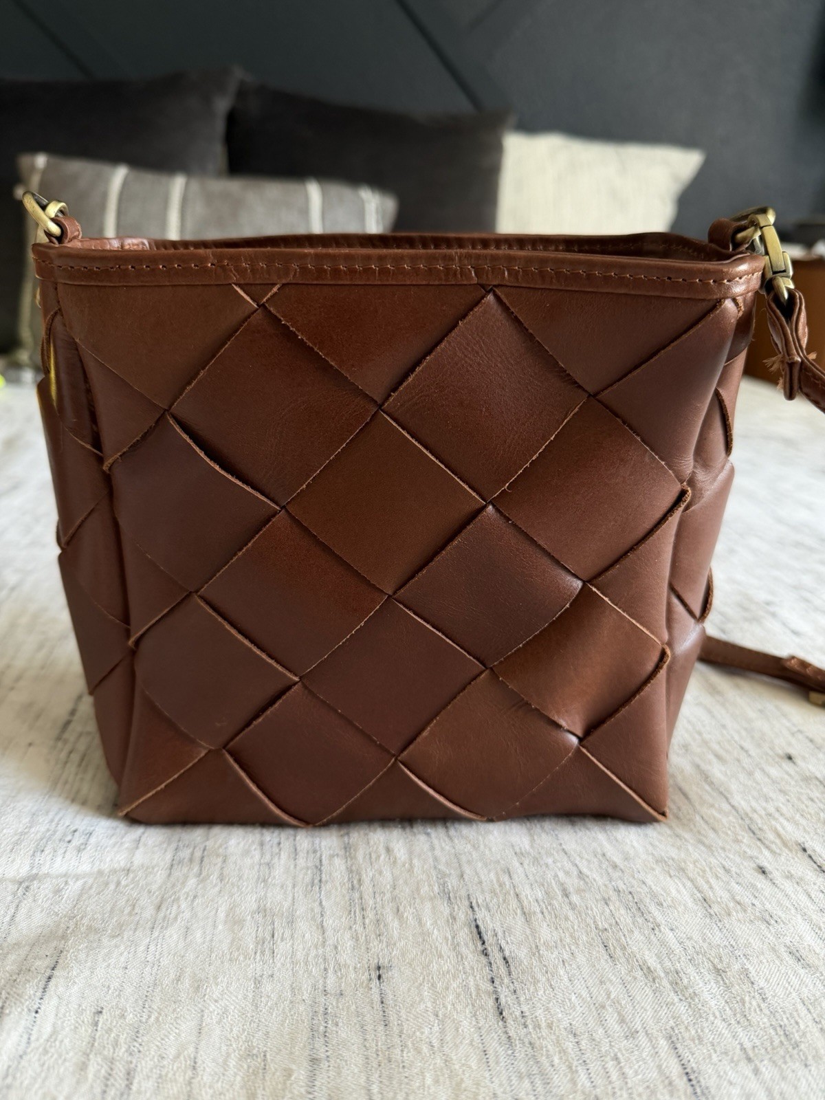 Bembien Brown Woven Crossbody Bag Zip Top Adjustable Strap Dust Bag