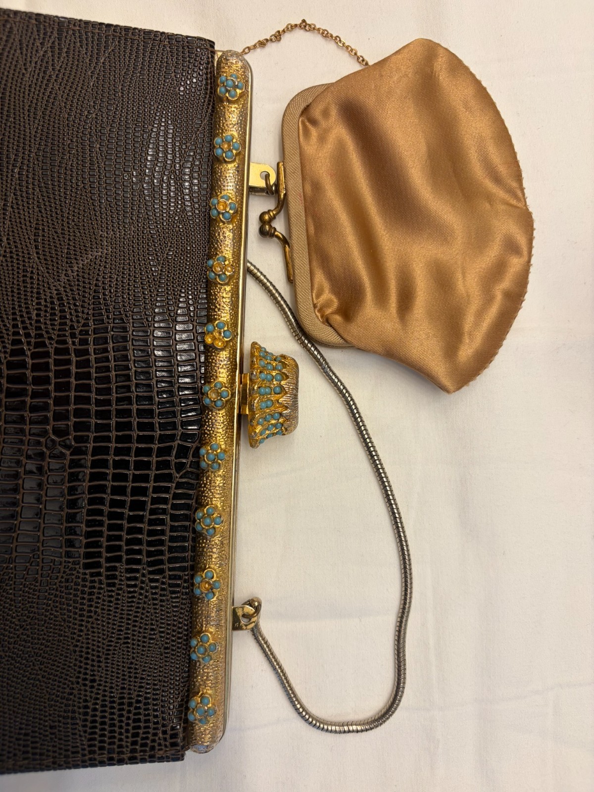 Vintage 1950s 1960s Dark Brown Lizard Skin Evening Bag Jeweled Frame Purse