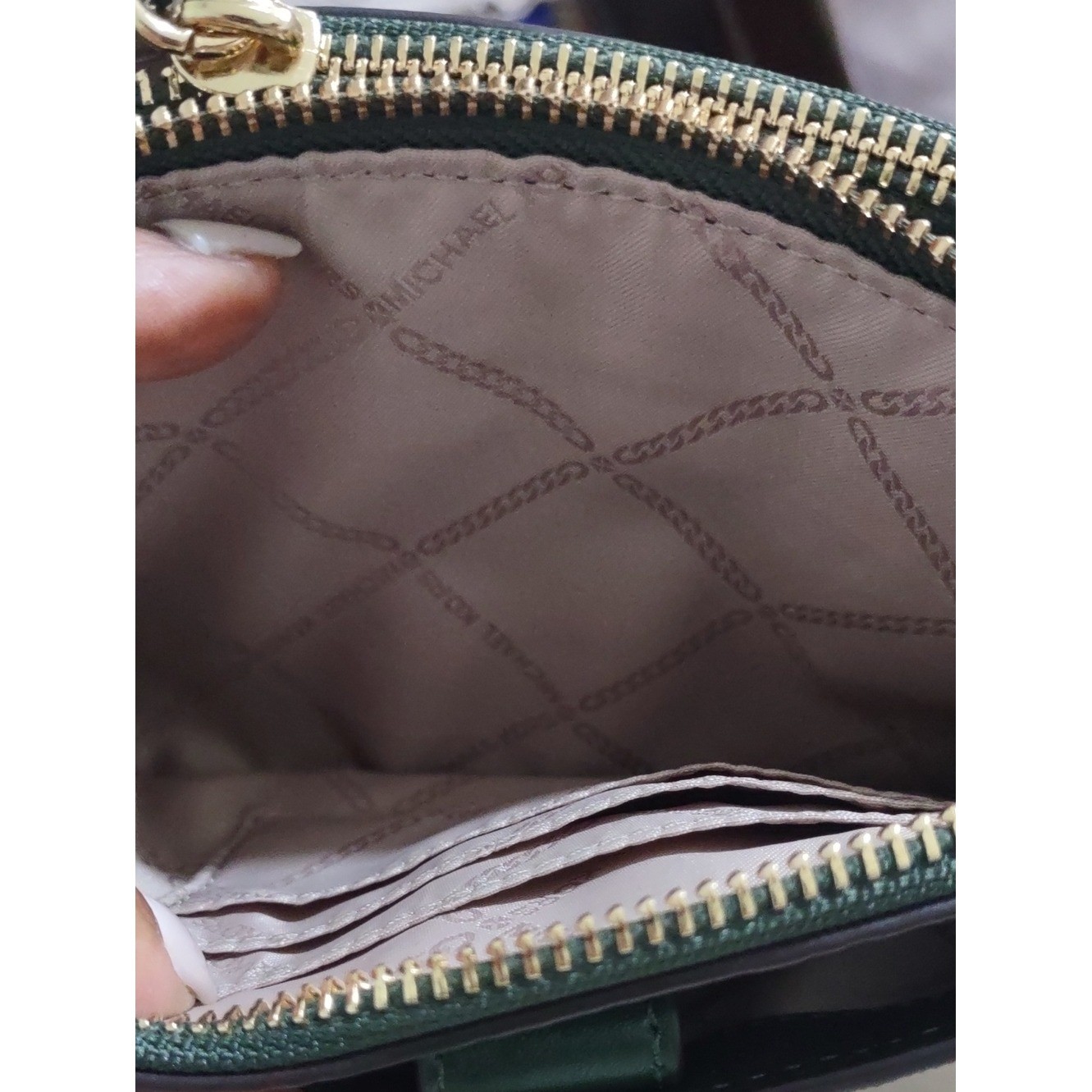 Michael Kors Brown Logo Crossbody with Green Trim Brand New