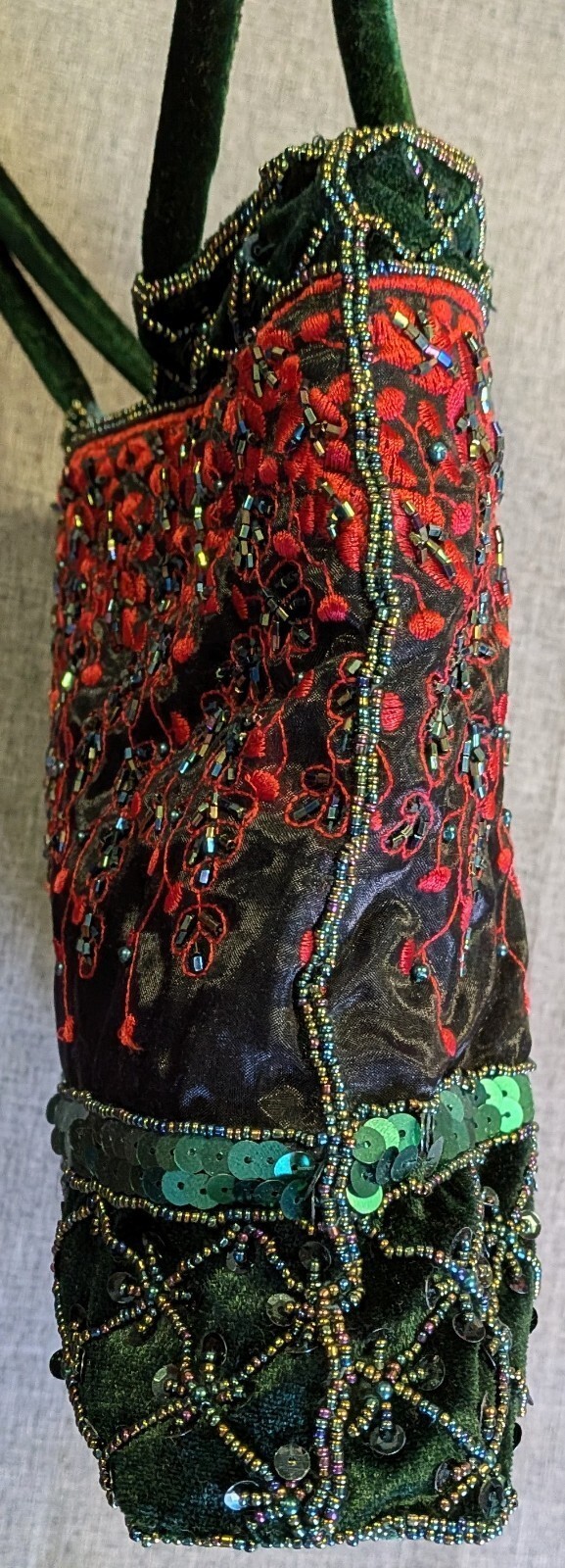 Vintage Ermo Beaded Embroidered Shoulder Bag Green Velvet Red Floral Sequins