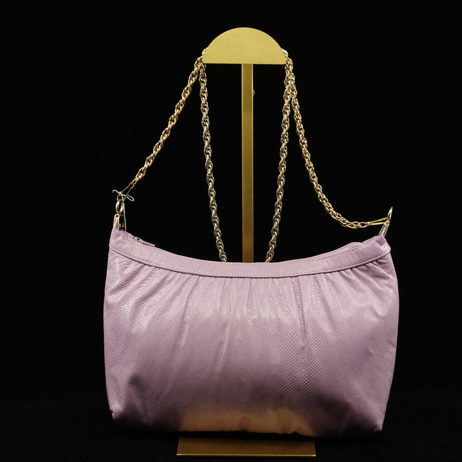 80s Purple Ruched Faux Leather Shoulder Bag with Gold Tone Chain Strap