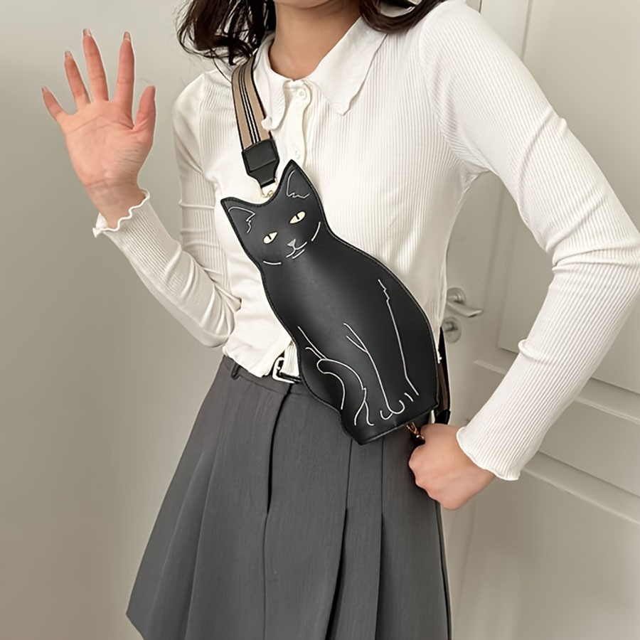 Black Cat Shaped Crossbody Bag – Adjustable Strap, Zipper Closure,Cute Animal De