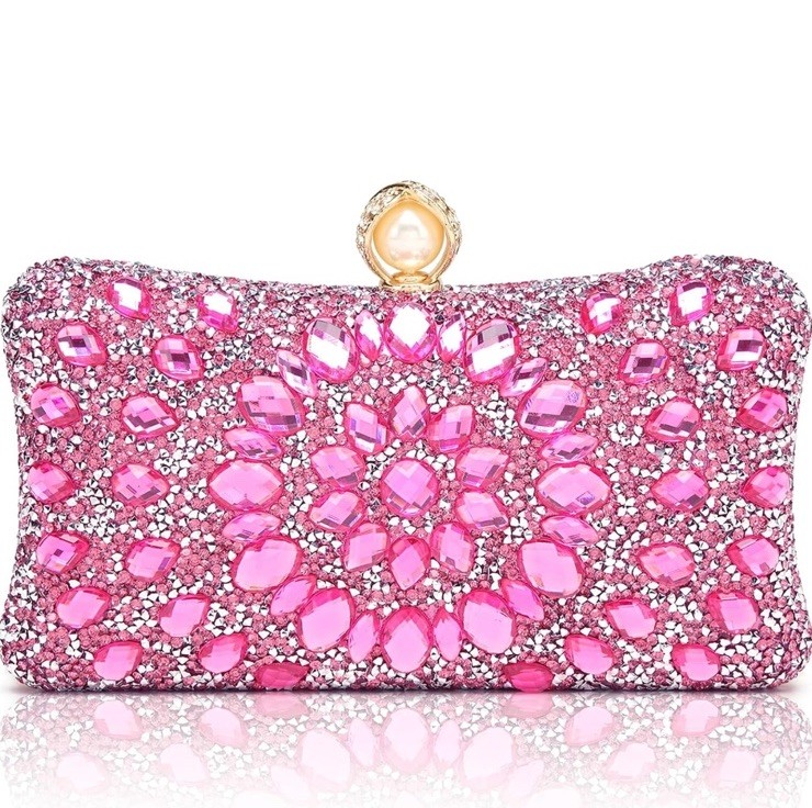 Women’s Pink Crystal Beaded Rhinestone Kiss Lock Clutch w/ Detachable Chain