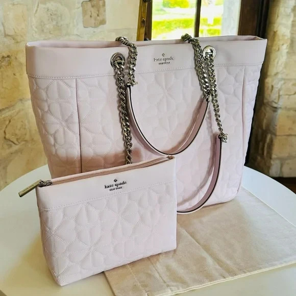 Kate Spade Flower Quilted Fabric XL Tote Bag+ Cosmetic Pouch Pale Ameth NWT