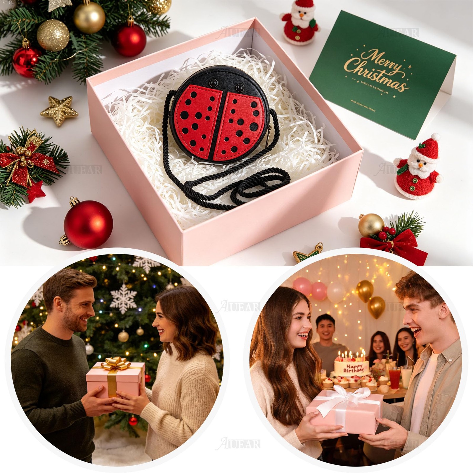AUEAR, Cute Ladybug Purse Mini Pu Leather Cross Body Bag Wallet Mini,