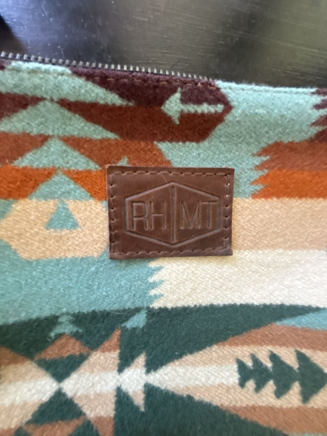 RHMT Wool Southwestern Pattern Zip Wristlet with Leather Strap