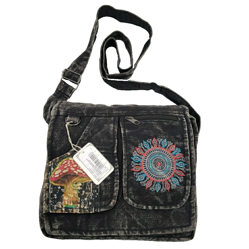 Crossbody Messenger Bag Fabric Purse Mushroom Mandala Grunge Handmade Nepal Boho