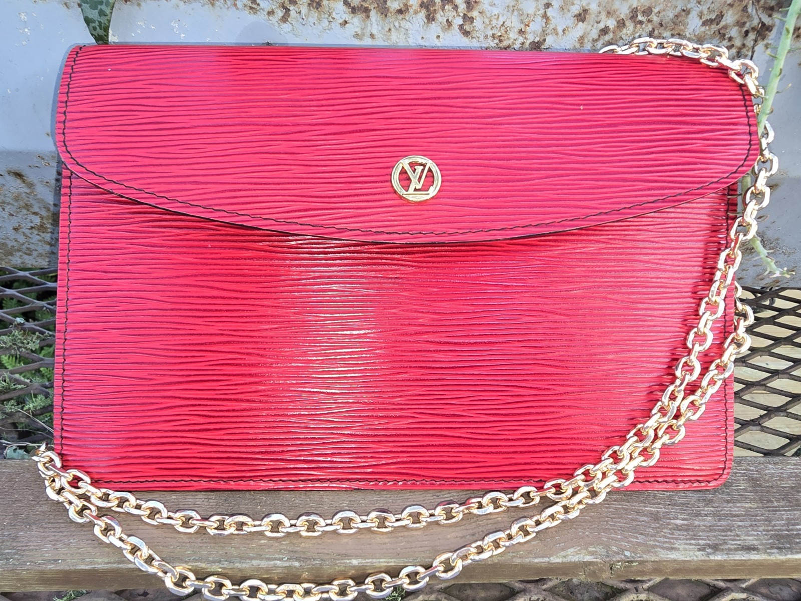 Louis Vuitton Epi Red Clutch, Gold Hardware and AFM Chain.
