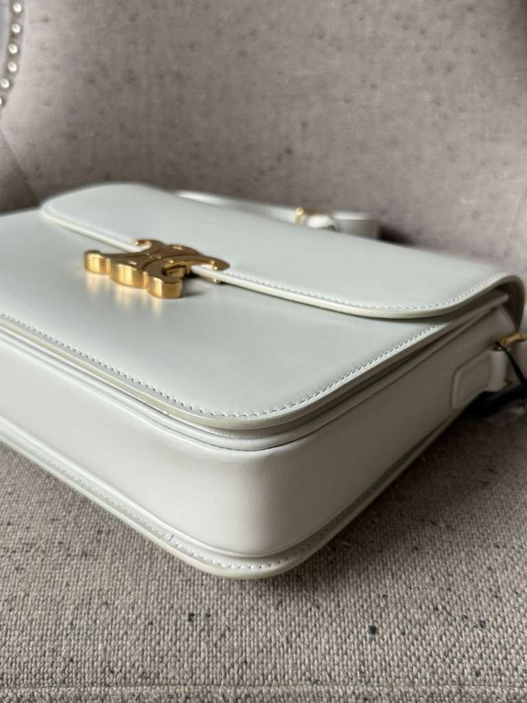 Celine Triomphe Flap Shoulder Crossbody Bag White Leather Gold Hardware
