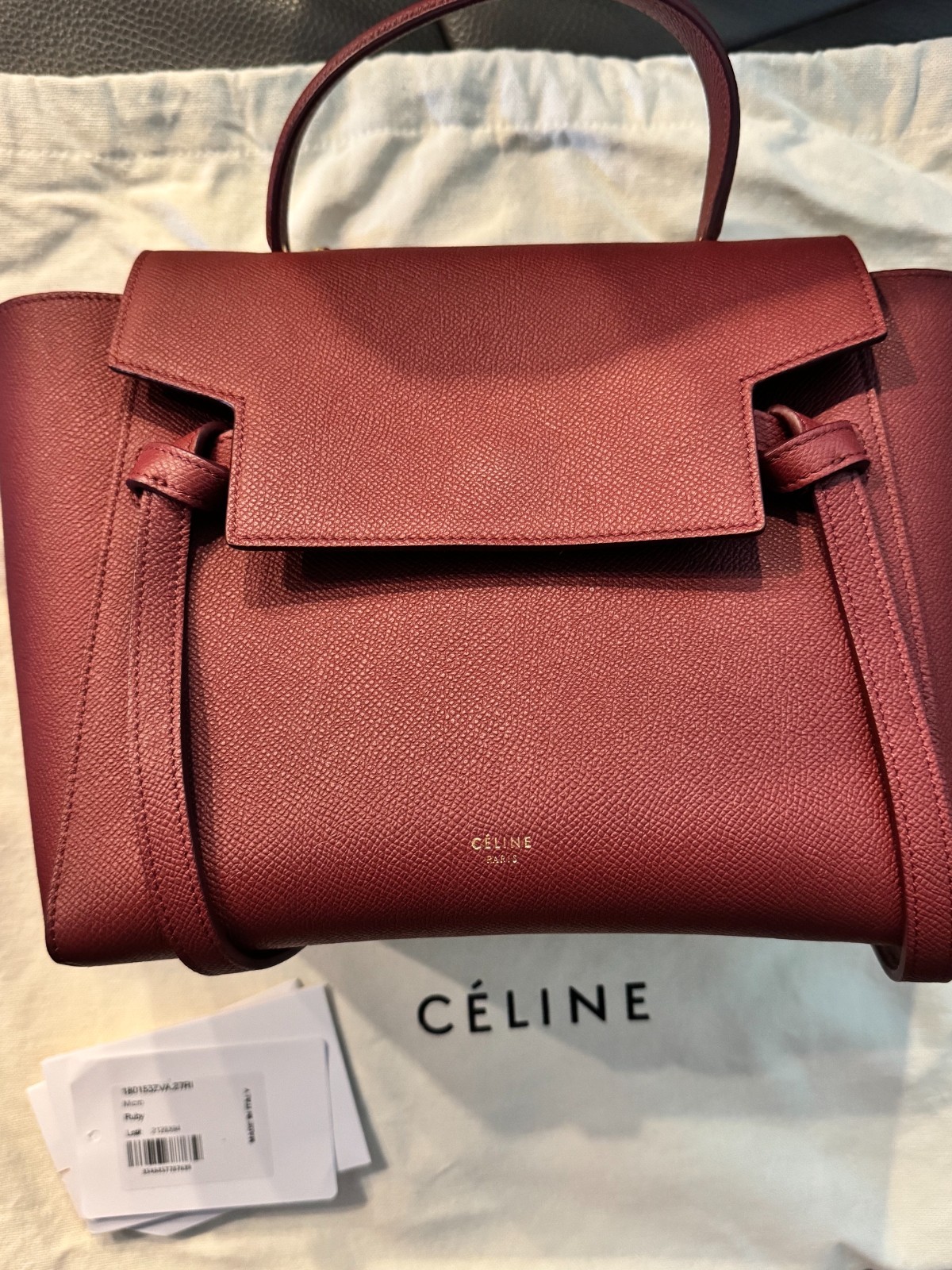 Celine Micro Grained Calfskin Belt Bag Top Handle Authentic Burgundy