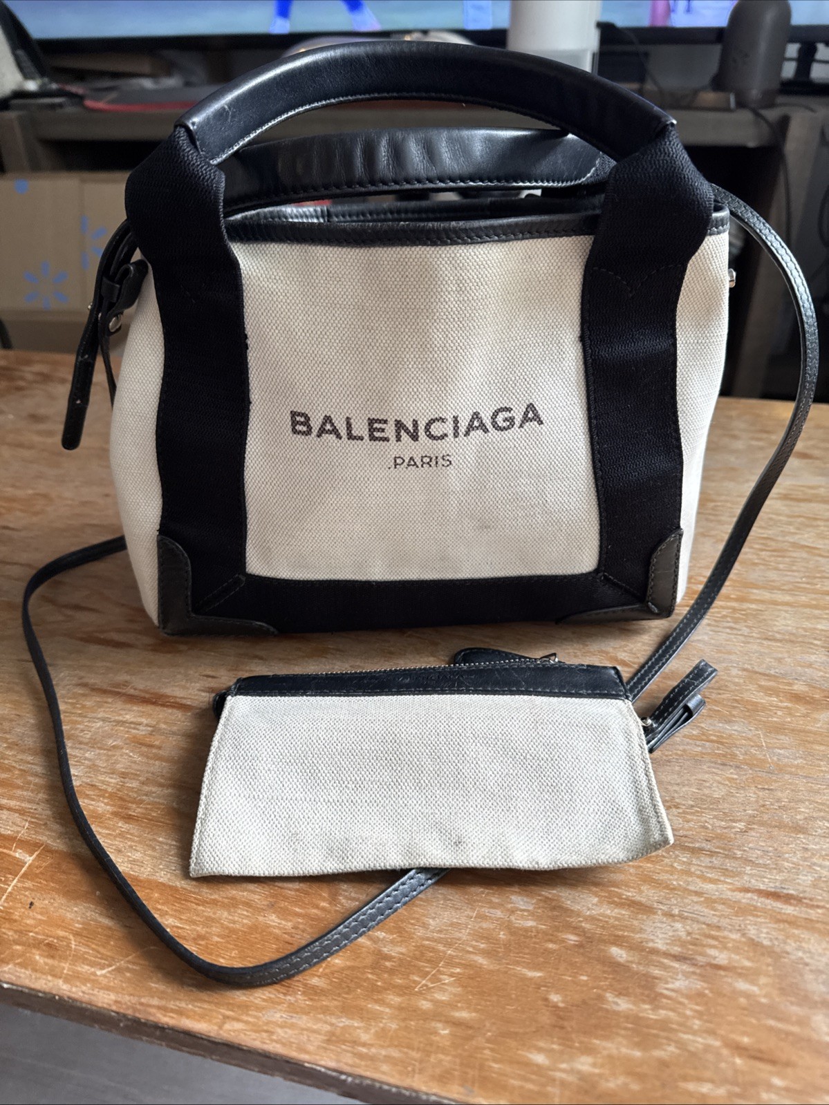 BALENCIAGA Navy Cabas XS Canvas Leather 2WAY Bag Ivory 390346 Authentic Used F/S