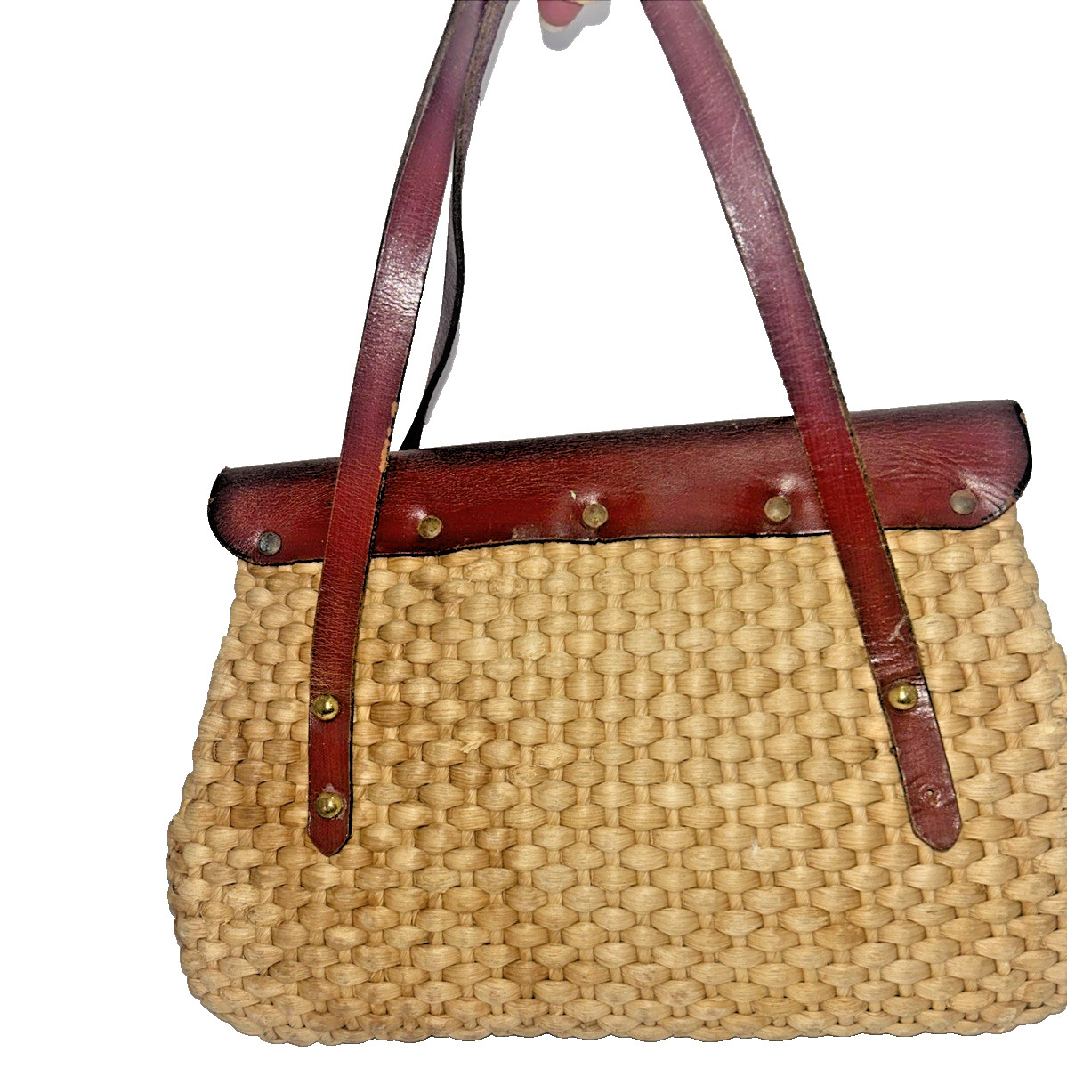Vintage Handbag Woven Straw Rattan Leather Satchel 60s70s Cottagecore