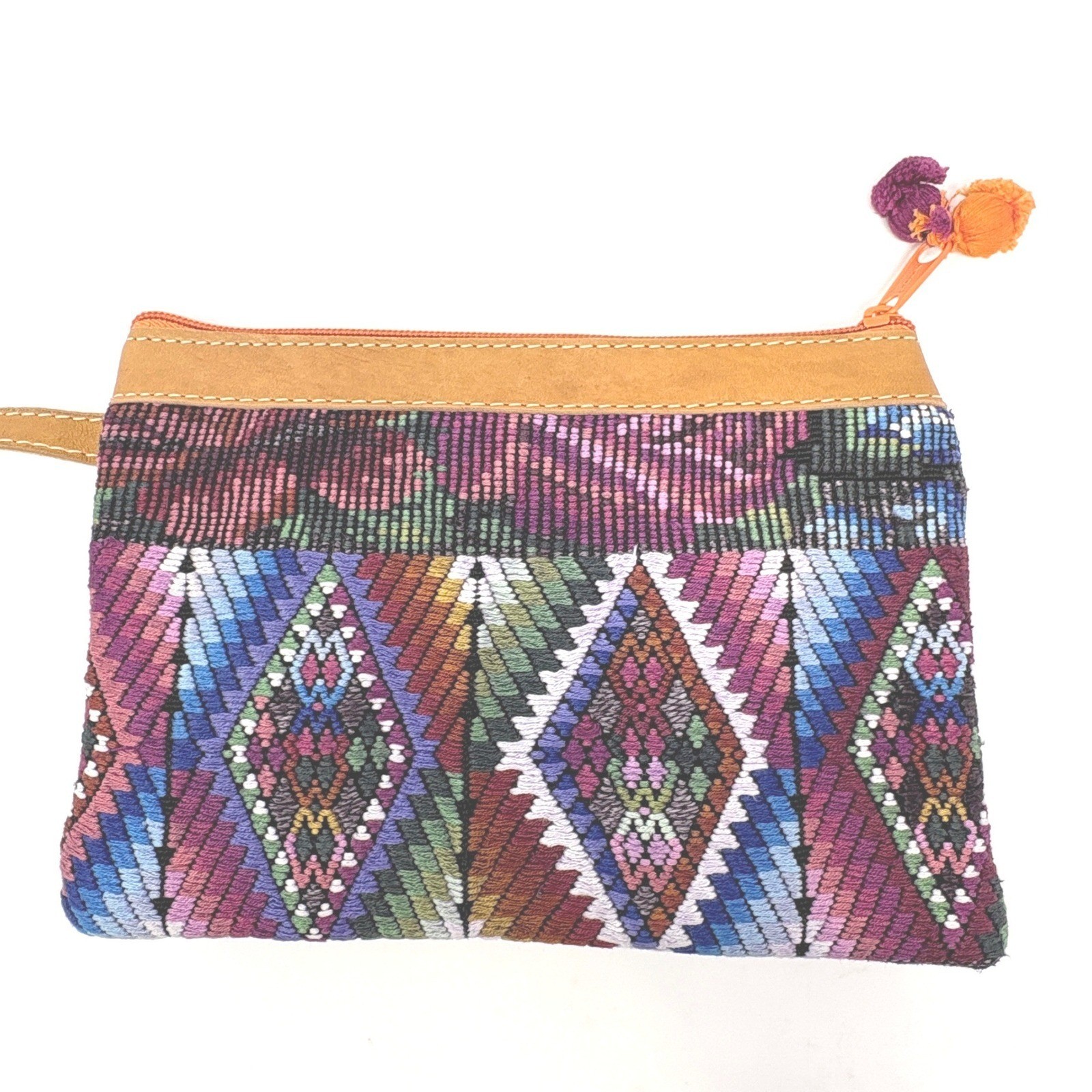 Woven Textile Geometric Wristlet Clutch Bag Zippered Huipil Style Leather Trim