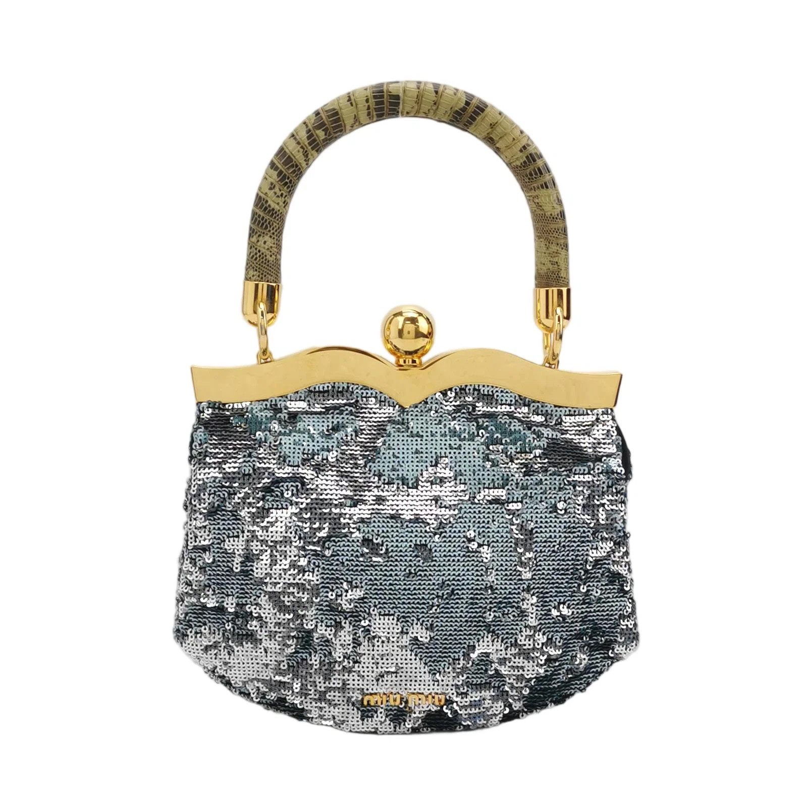 Miu Miu Handbag Silver Green Cowhide Lizard Sequin (aa071526a0r)