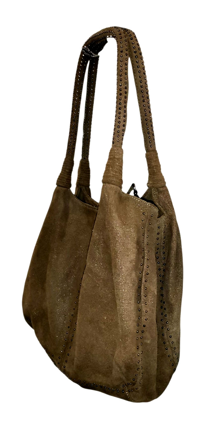 DAN AZAN Double Handle STUDDED METALLIC GREEN w POUCH Shoulder Tote Handbag Med