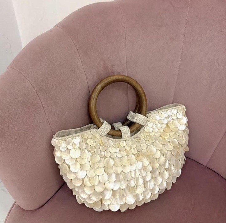 Women’s Ivory Sequin Satchel Top Handle Bag Wooden Ring Handles Magnetic