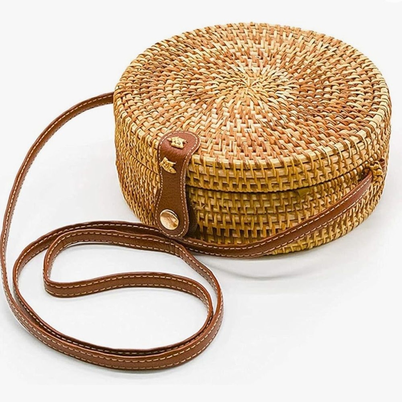 Round Rattan Wicker Crossbody Bag Natural Straw Boho Summer Shoulder Purse