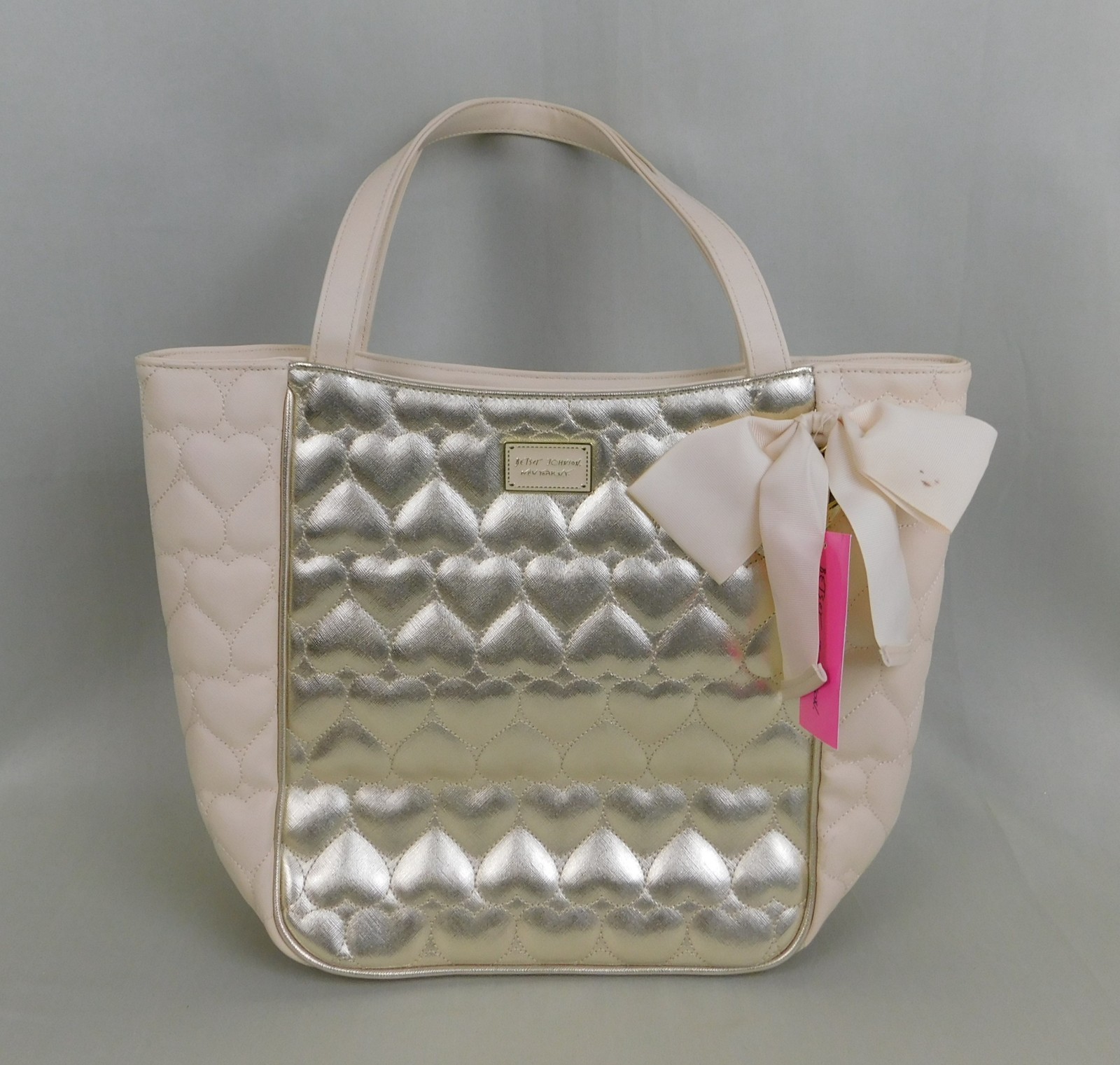 Betsey Johnson Be Mine Cream & Gold Metallic Quilt Heart Double Handle Tote Bag