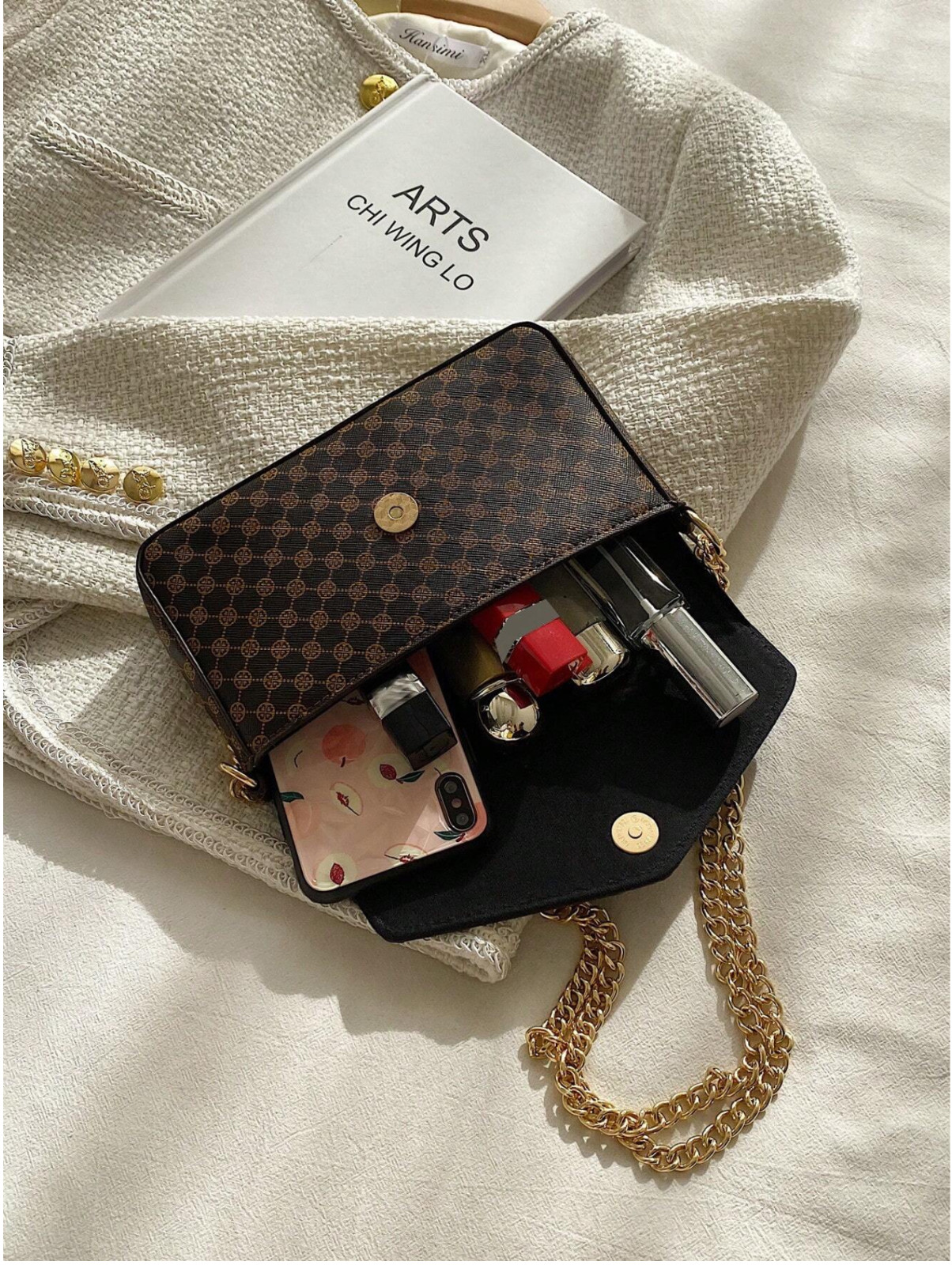 Coffee Brown Old Money Style Classic Monogram Patterned Crossbody Chain Bag