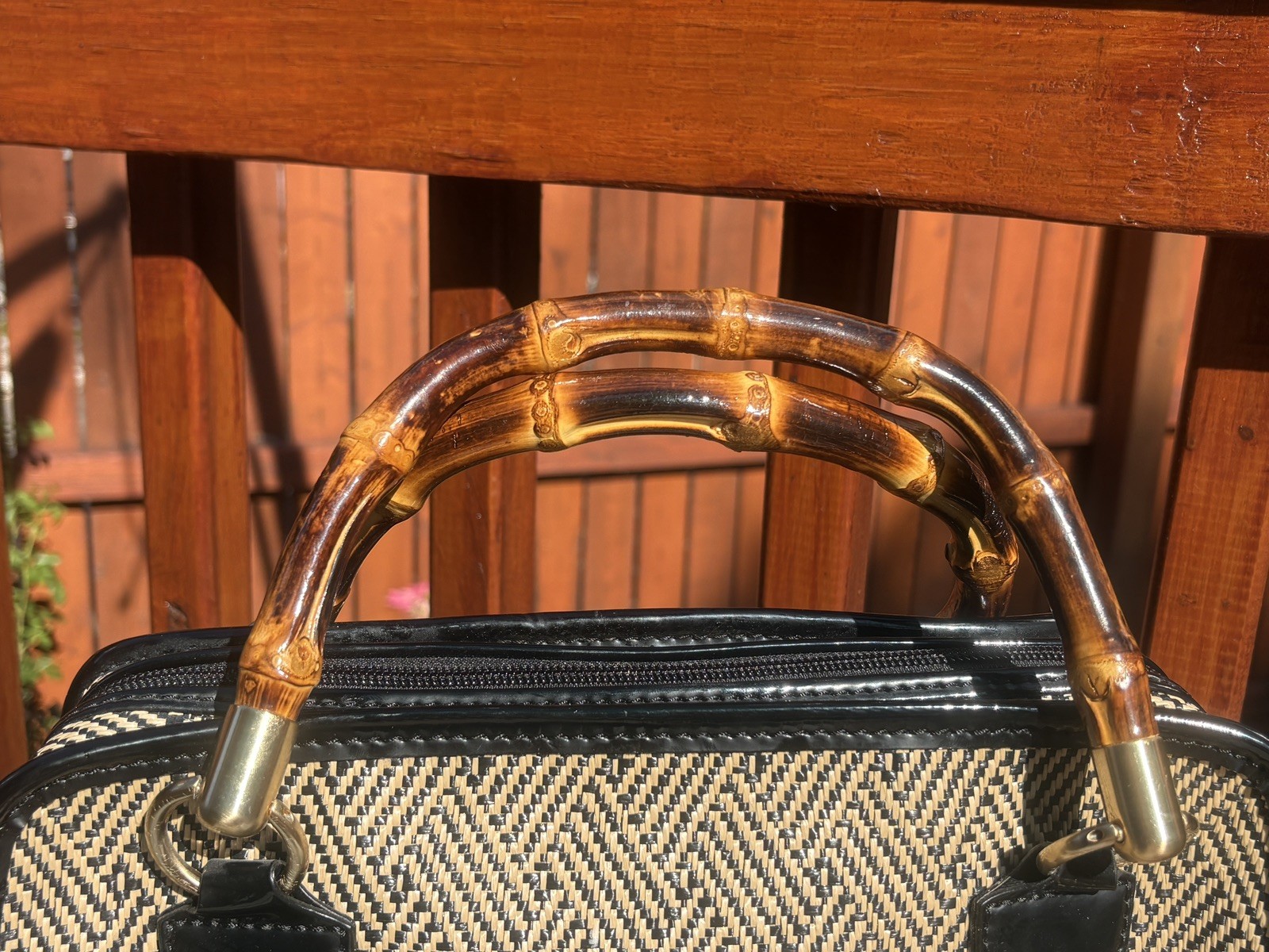Talbots Navy Tan and Black Woven Rattan Bag with Natural Bamboo Handle Vintage