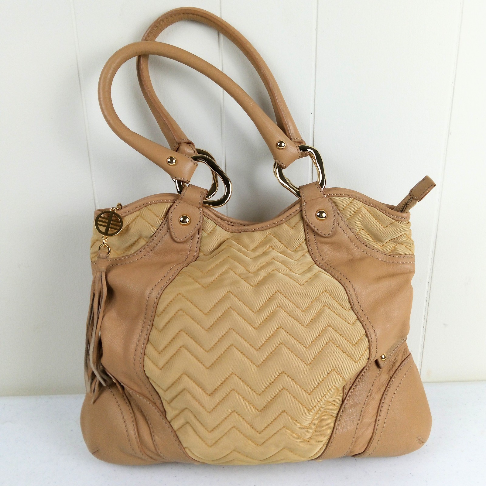 Via Spiga Shoulder Bag Double Strap Hobo Quilted Tan Fabric & Leather Purse