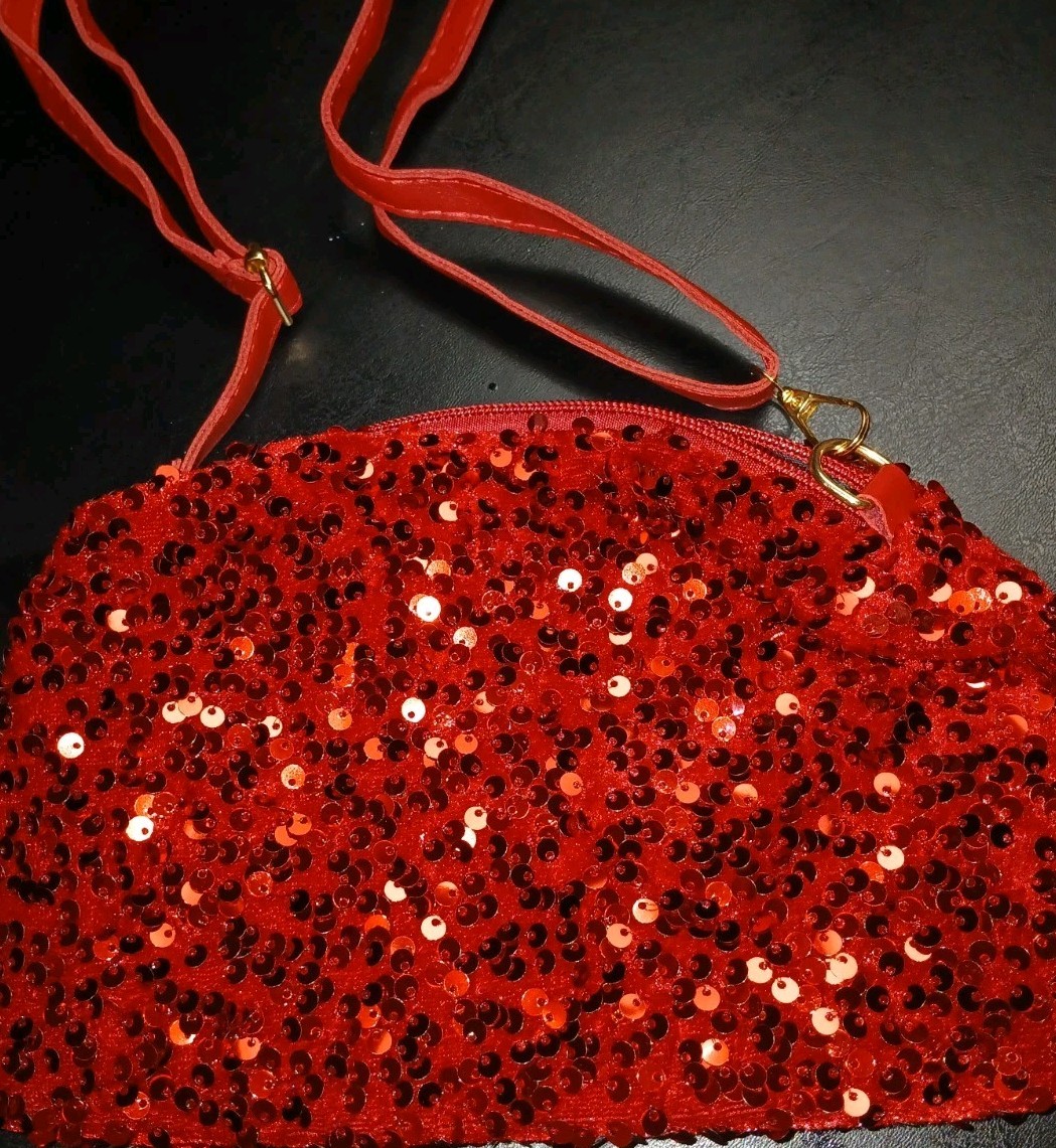 Super Sparkling Small Red Sequined Bag,adjst Faux Leather Strap, Lined Zippered
