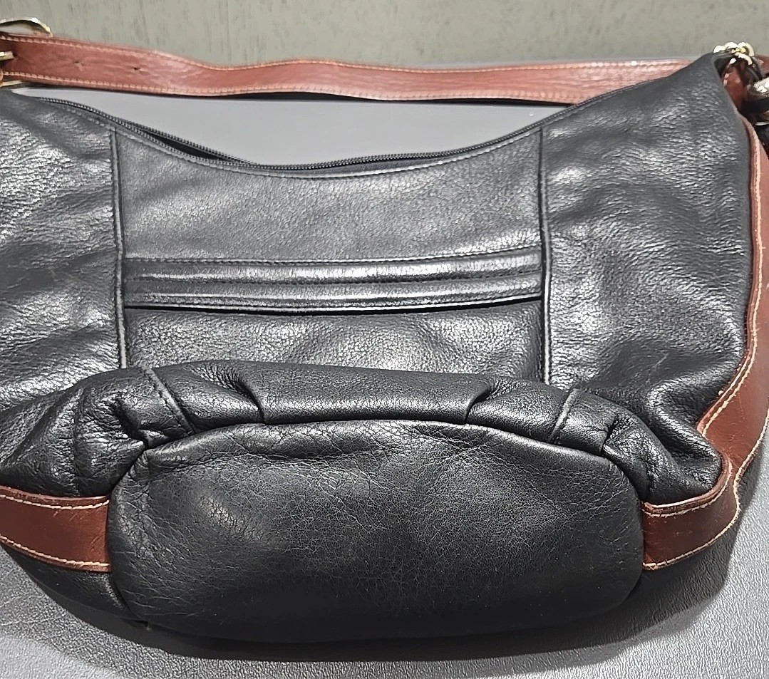 Tignanello Leather Double Zip Hobo Shoulder Bag Black with Brown Trim and Tassle