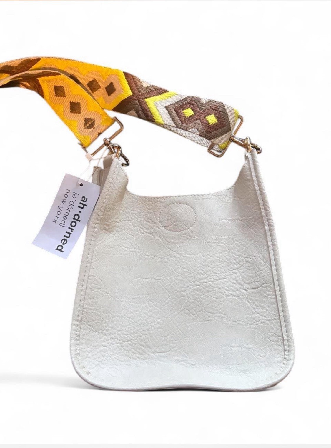 Ah-dorned Crossbody Bag Cream With Lime/Yellow And Brown Adjustable Strap New
