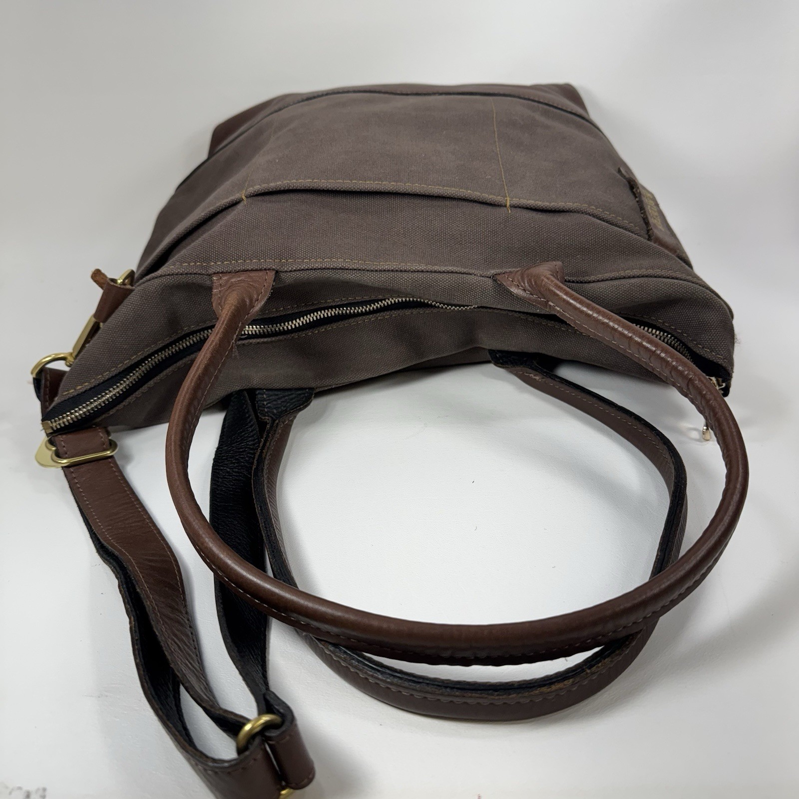 R. Riveter Otto Tote Convertible Satchel Crossbody Washed Canvas Brown On Brown
