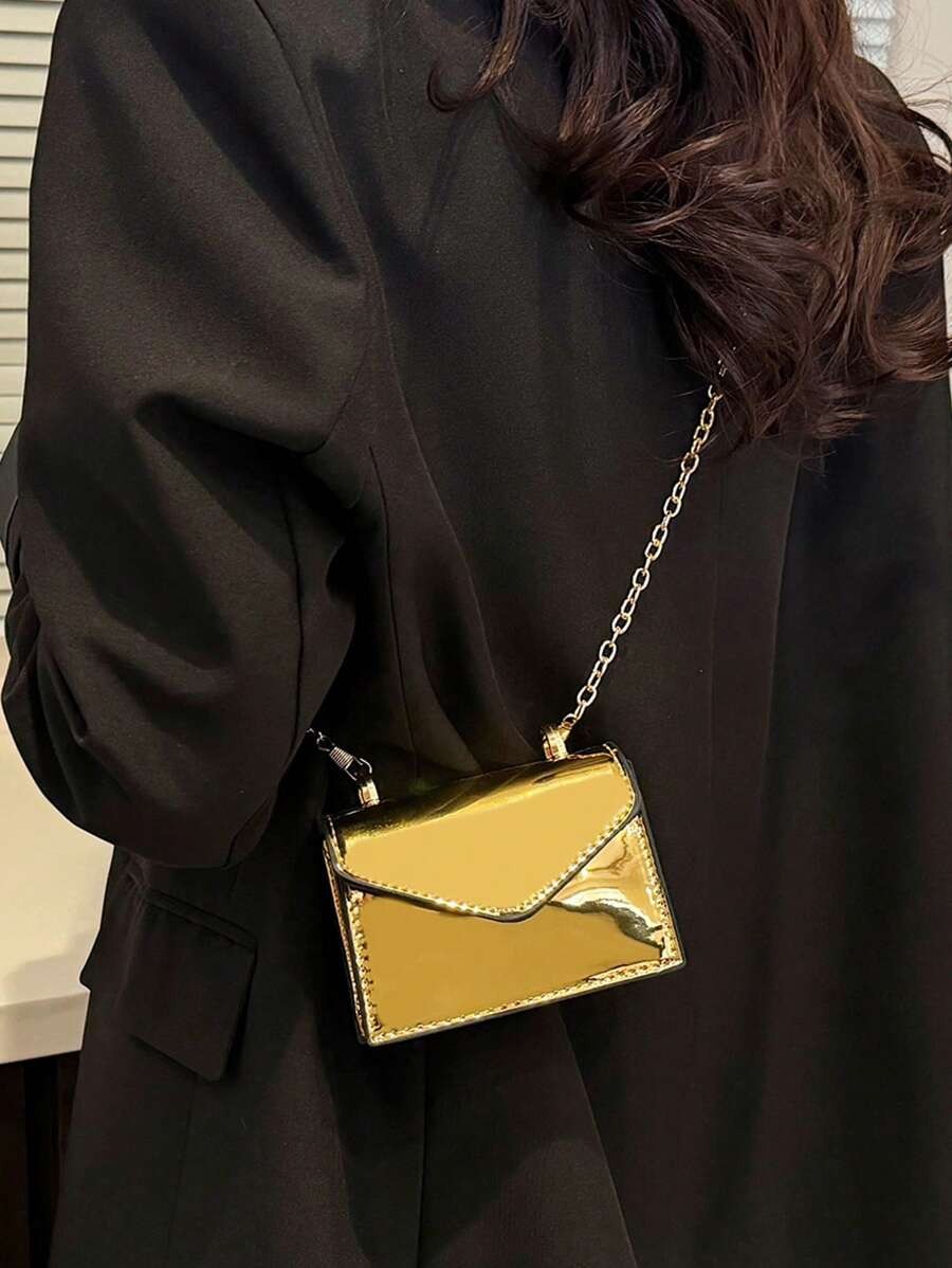 Goth Punk Mini Quilted Square Bag Metallic Letter Graphic Chain Turnlock Purse