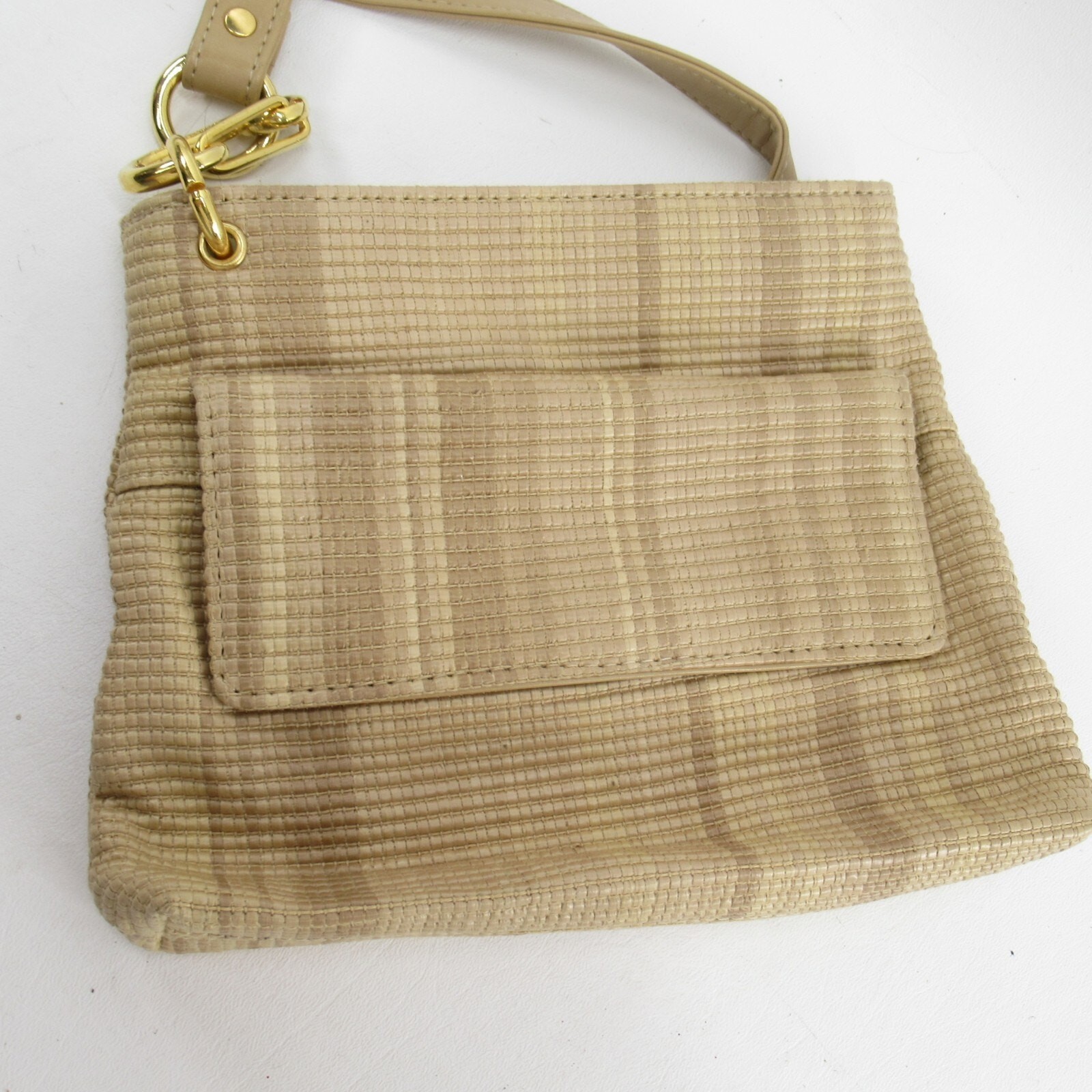 Vtg LJS Collection Handbag Women Tan Striped Cotton Weave Leather Crossbody Bag