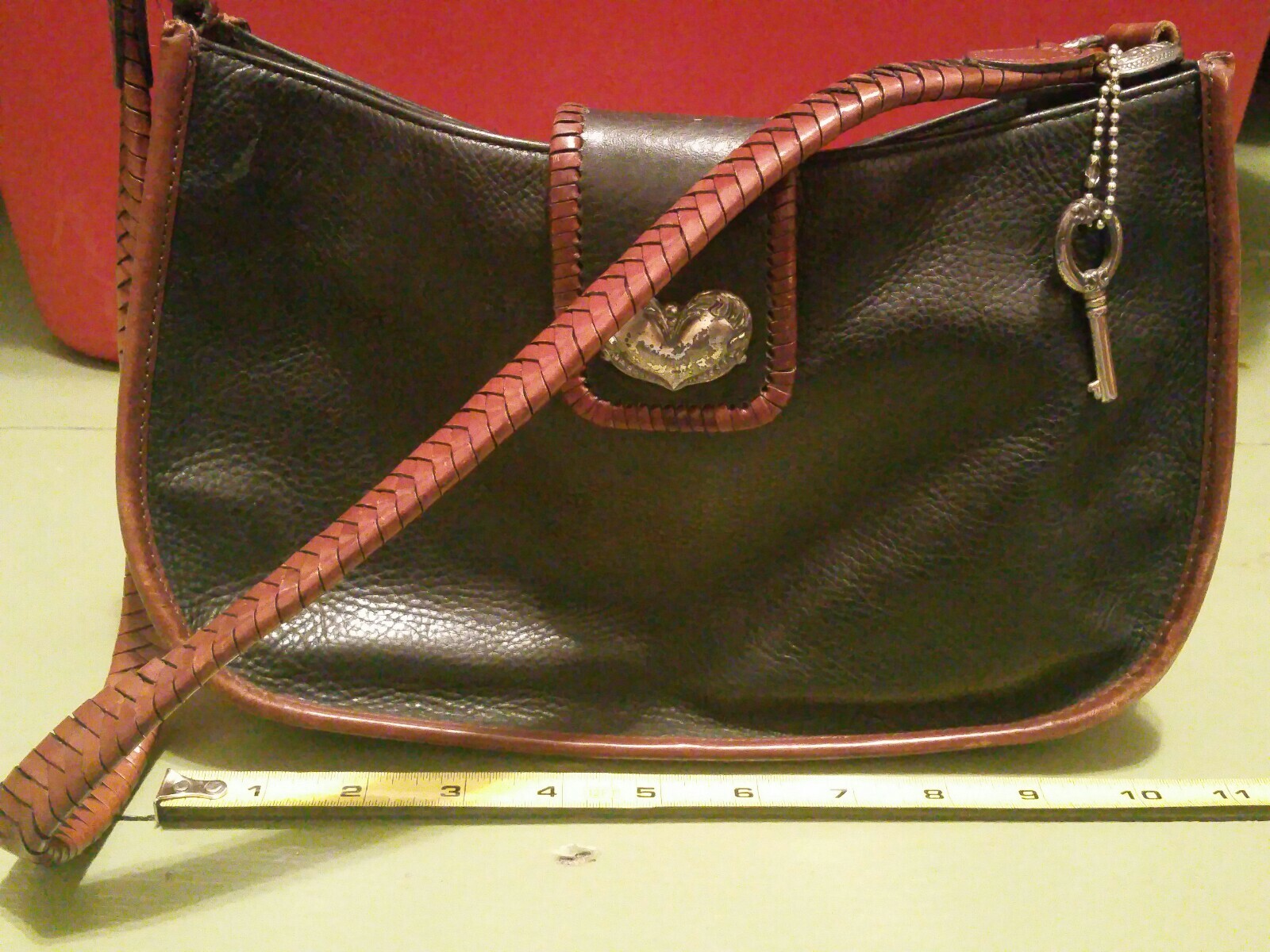 FOSSILL(BRIGHTON look) Black Leather Braided Accents Handbag with Pendant