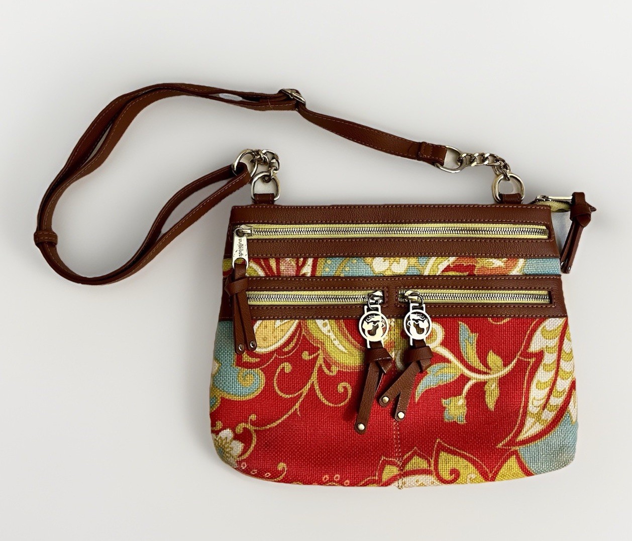 Spartina 449 Linen/Leather Floral Paisley Elfrida Zipper Hipster Cross Body Bag