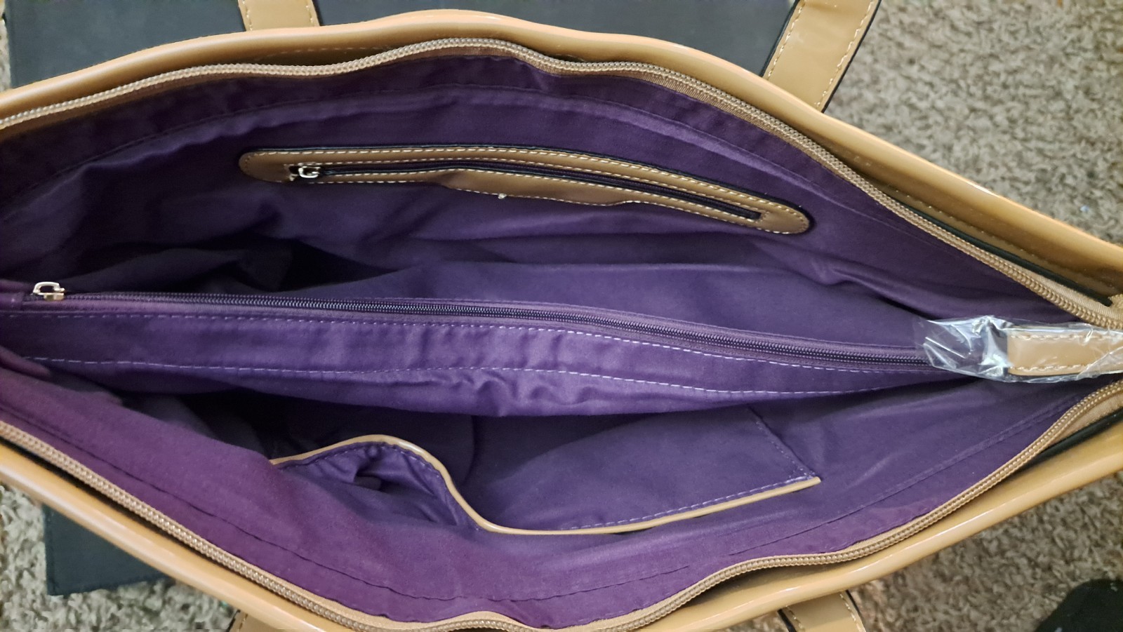 Rimen & Co Beige Quilted Tote Bag Large Zip Top Purple Lined w/ Strap