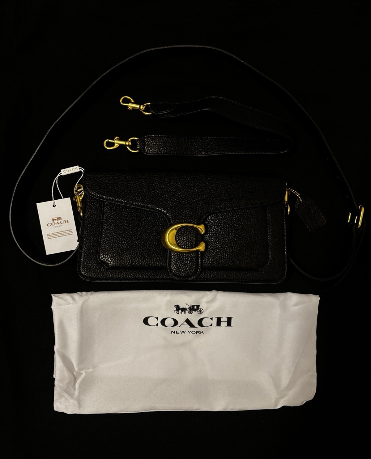 Coach Black Pebbled Crossbody Bag Gold Hardware Snap Closure Red Lining Dust Bag