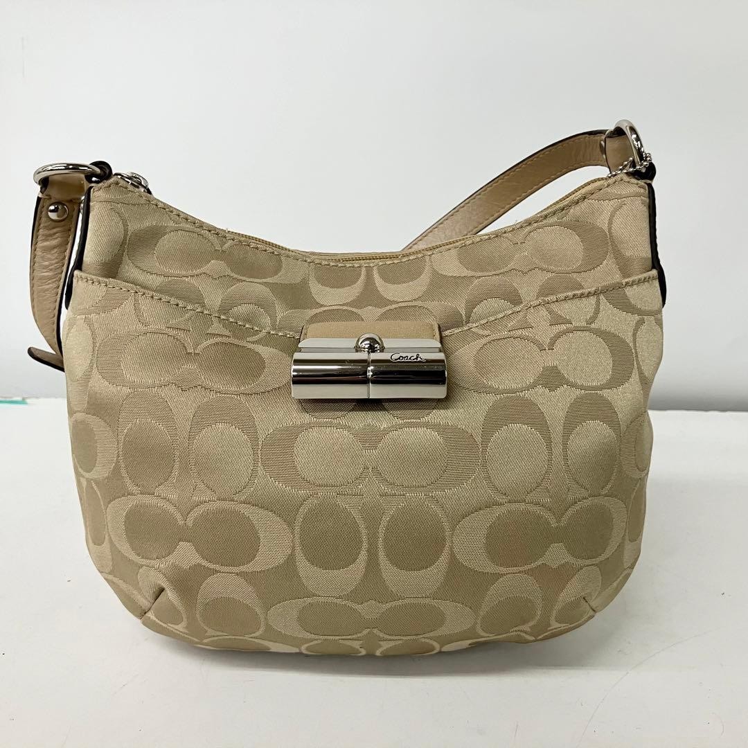 Coach Signature Shoulder Bag Beige Canvas 10.6×7.5×2.4 inches Used