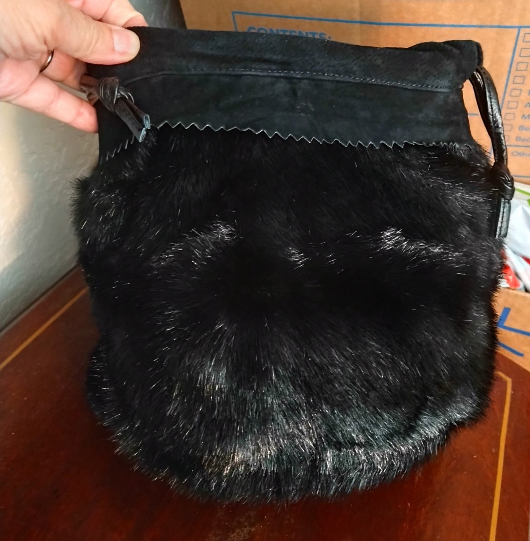 Dennis Basso Faux Fur Shoulder Crossbody Bag Genuine Leather Black Drawstring