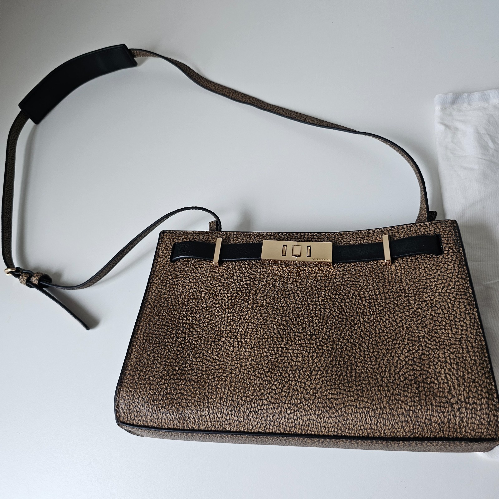 Borbonese Crossbody Bag OP Naturale Nero Brown Black Gold Buckle Luxury Italy