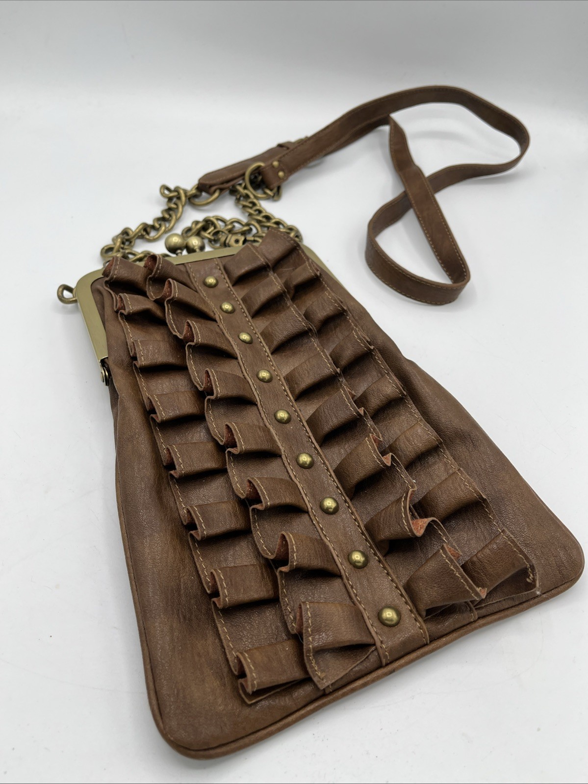 Jessica Simpson Crossbody Bag Kiss Bow Closure Ruffle PVC purse Brown Shoulder