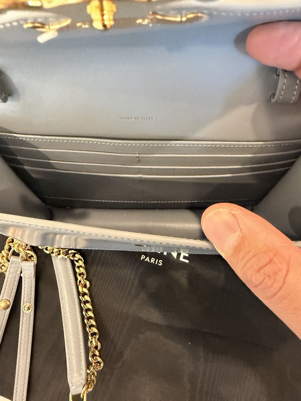 Celine Wallet On Chain , Triomphe Bag With Chains, Leather Blue Grey, authentic