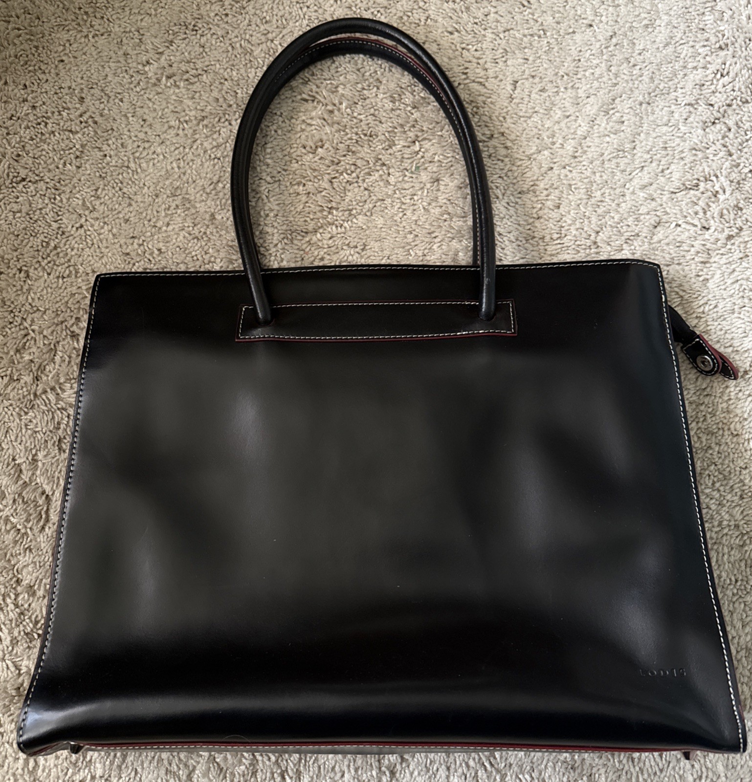 LODIS Black Leather Business Laptop Bag with Red Trim