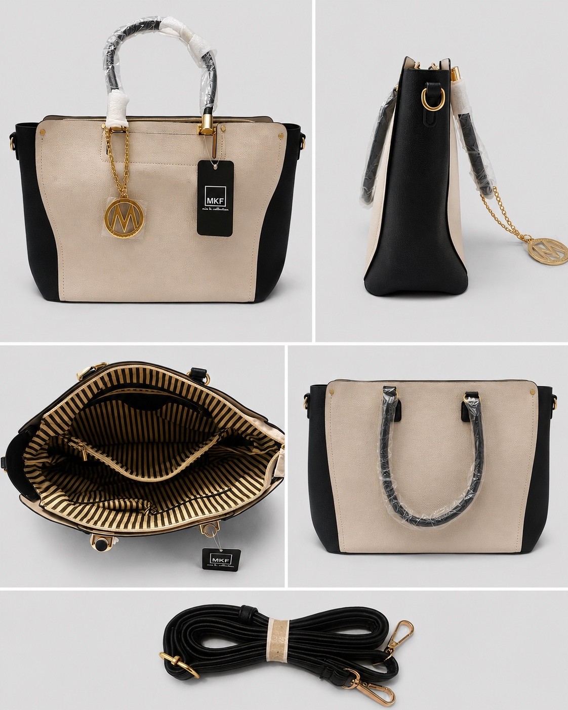 MKF Collection Beige and Black Tote Handbag with Gold Accents