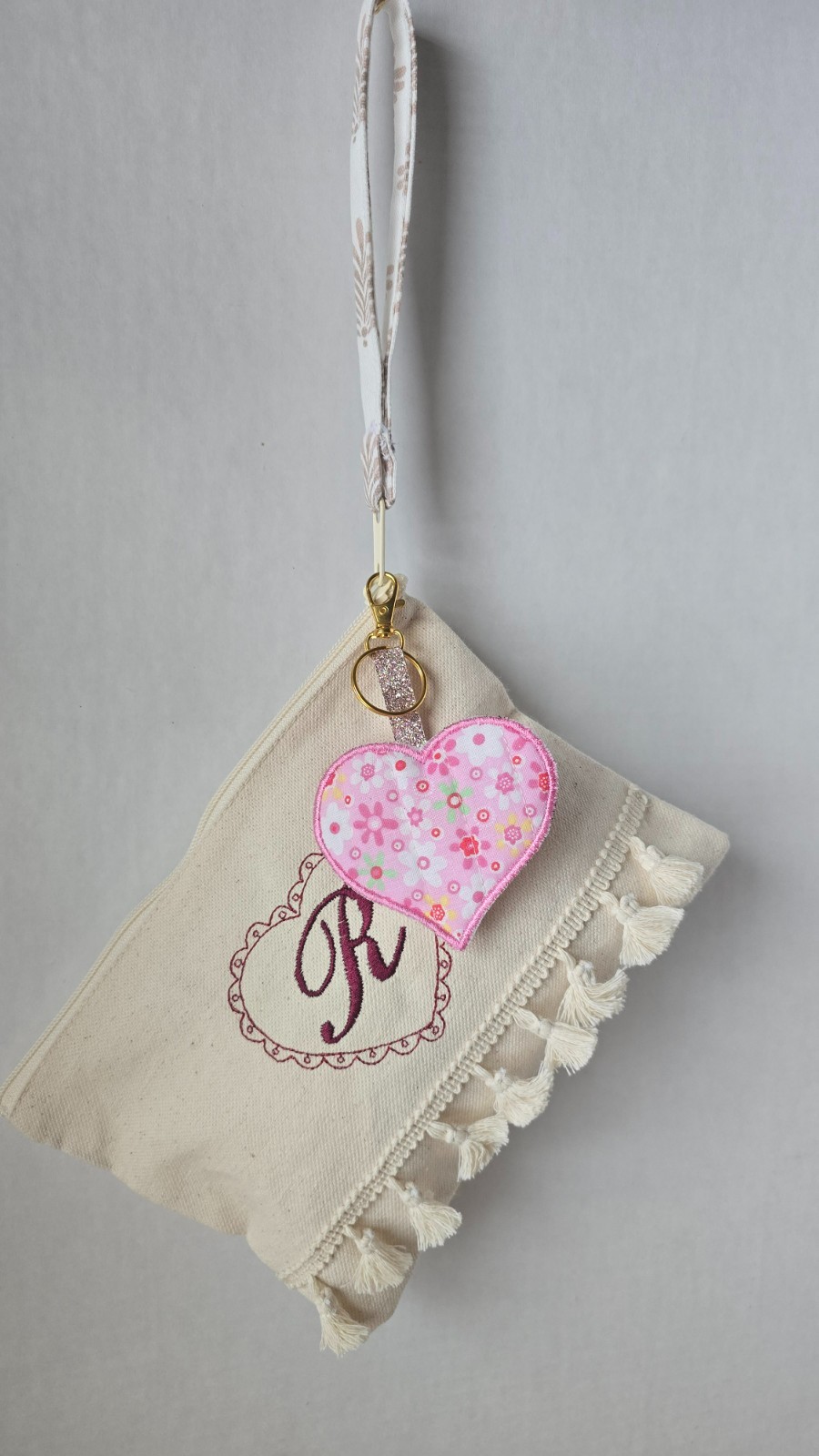 Canva Wristlet Monogram Initial, Heart Machine Embroidered Handmade