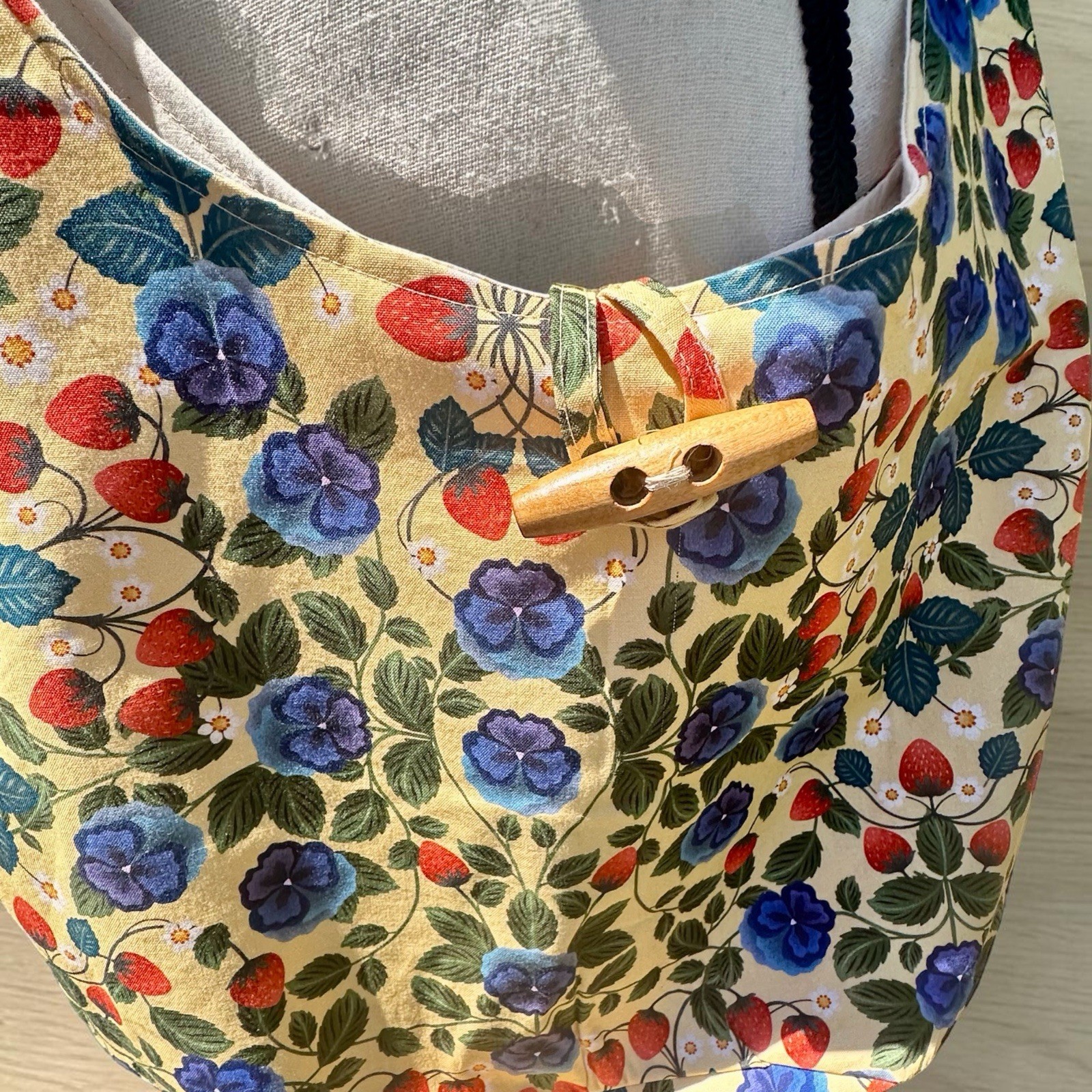 Artisan Made Crossbody Slouchy Hobo Bag Cotton Yellow Strawberries Pansies