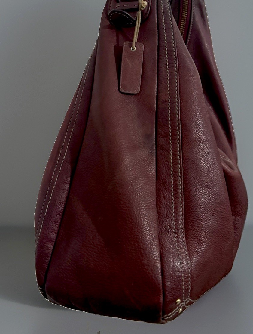 Y2K Burgundy Leather Hobo Bag Large Genuine Cowhide Shoulder Purse