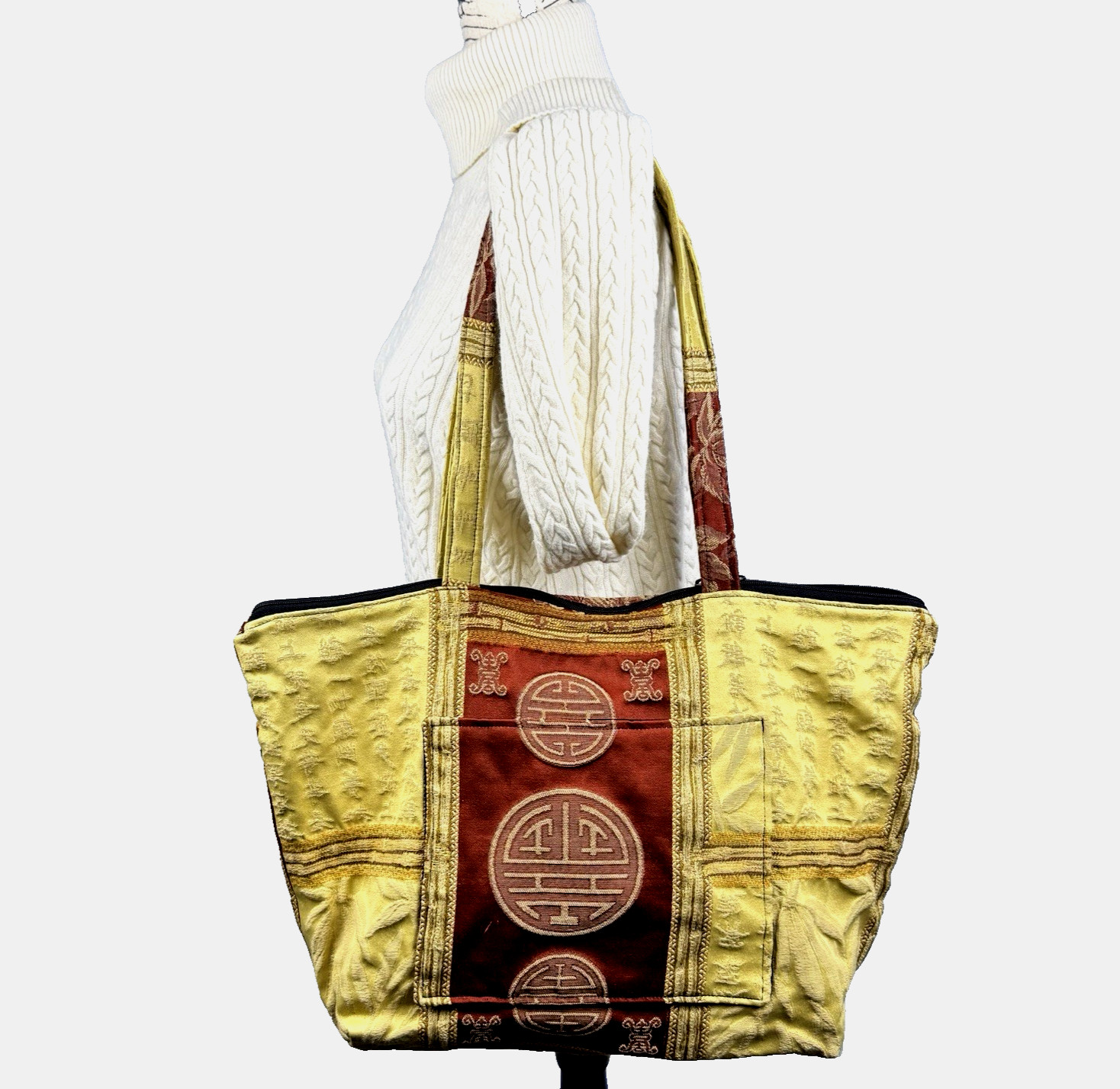 Vtg Bettz Designs Silk Tote Bag Asian Brocade Gold Burgundy Zip Pockets Artsy
